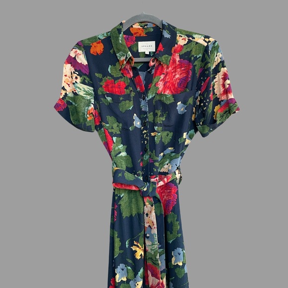 SEZANE Navy Red Floral Printed Button Down Belted Midi Shirt Dress Adele Dress - Picture 4 of 11